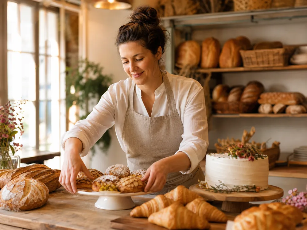 Fictional bakery owner arranging pastries in a neighborhood bakery