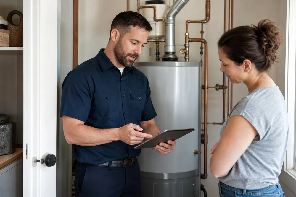 Fictional plumber speaking with a homeowner